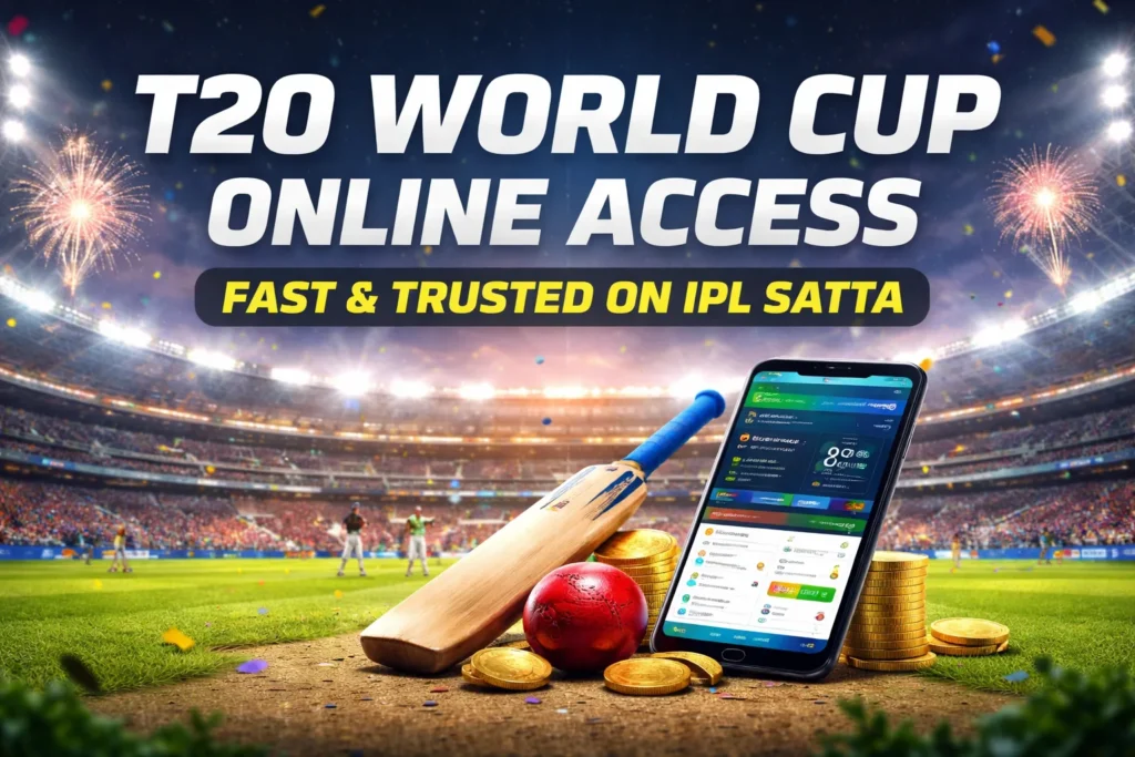 T20 World Cup online access banner with IPL Satta mobile interface, cricket stadium and bat