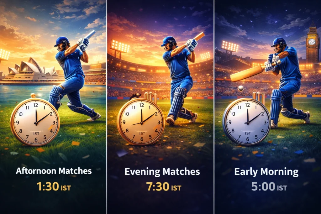 T20 World Cup Schedule showing afternoon, evening, and early morning match timings in IST