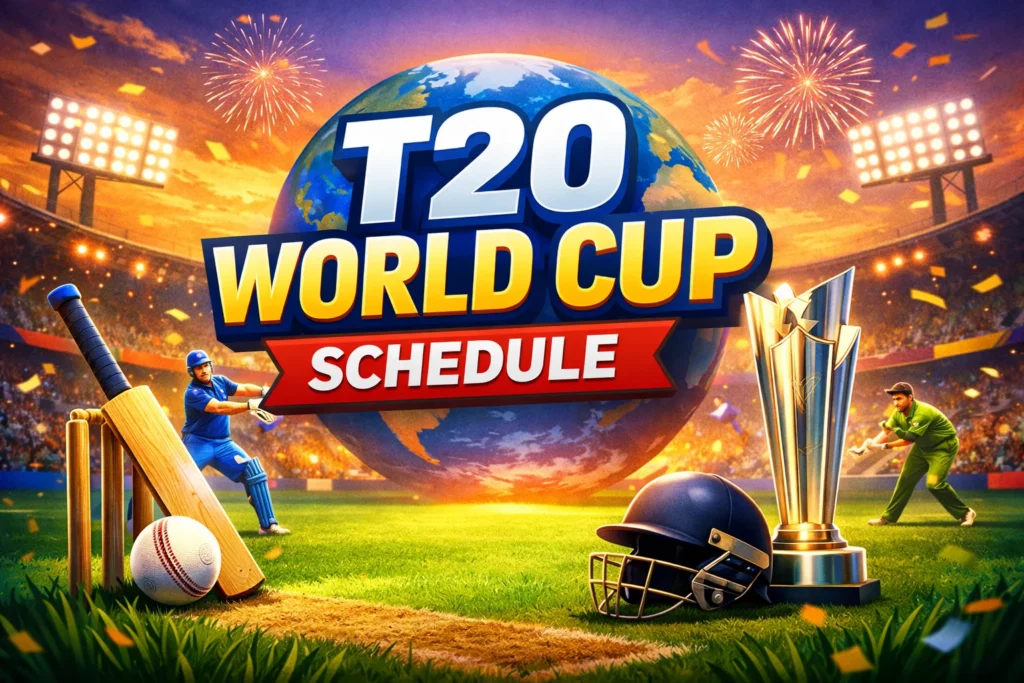 T20 World Cup Schedule overview with cricket trophy, stadium lights, and match fixtures graphic