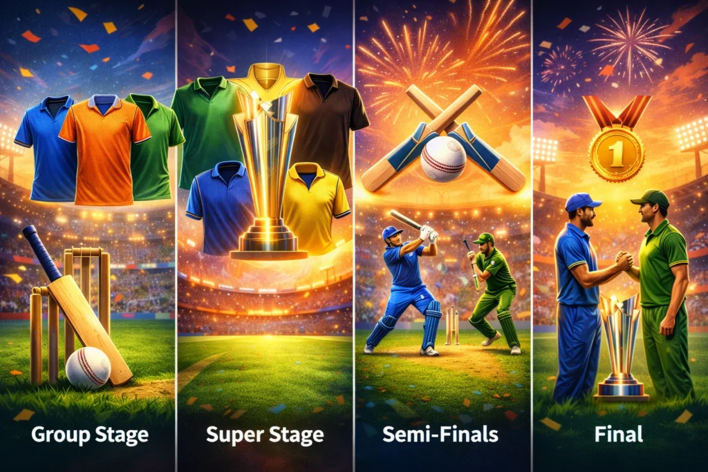 T20 World Cup Schedule breakdown showing Group Stage, Super Stage, Semi-Finals, and Final