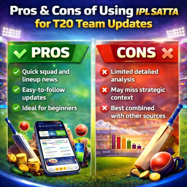 Pros and cons comparison graphic showing advantages and limitations of IPL SATTA for tracking T20 World Cup Team updates