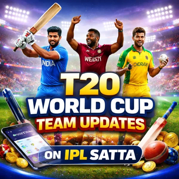 T20 World Cup Team updates banner showing cricket players and IPL SATTA latest squad and match news