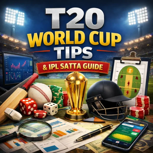 T20 World Cup Tips introduction image showing cricket analysis tools, stadium background and IPL Satta strategy visuals