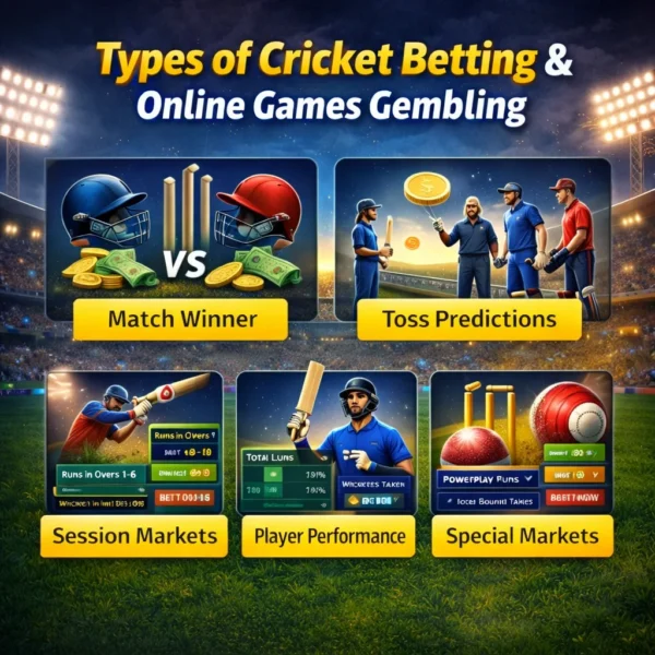Cricket match winner, toss prediction, session markets, and player performance options in online games gembling platforms