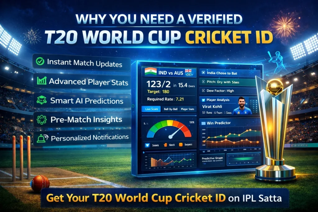 Verified T20 World Cup Cricket ID benefits with live match panel, AI predictions, and IPL Satta interface.