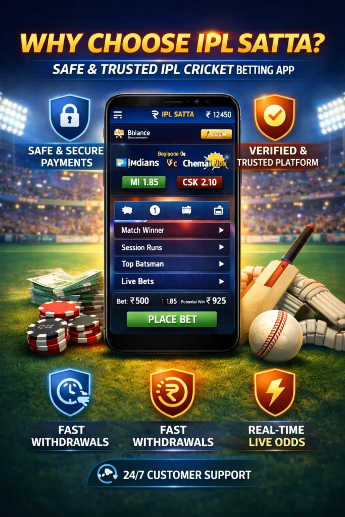 IPL Satta app showing safe payments, verified platform, fast withdrawals, and real-time odds.