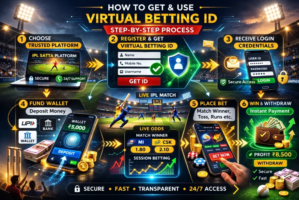 Step by step process showing how Sport Betting ID and Virtual Betting ID work for IPL SATTA online cricket betting.