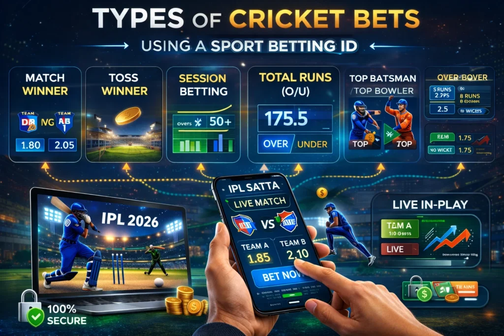 Different types of cricket bets like match winner, session betting and live betting using Virtual Betting ID.